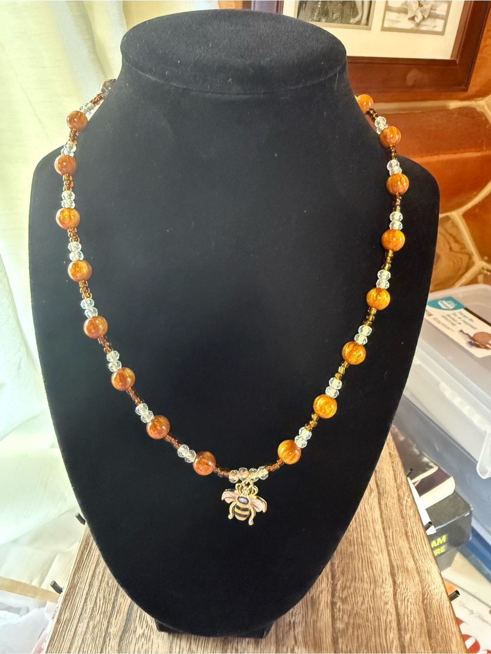 Amber Bead Bee Charm Necklace - Women Jewelry